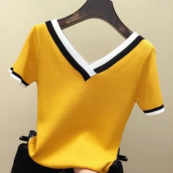 V-Neck T Shirt Women Tshirt Contrast Color Striped Knitted 2024 Summer Top T-Shirt Woman Clothes Tee Shirt Femme Camisetas Mujer