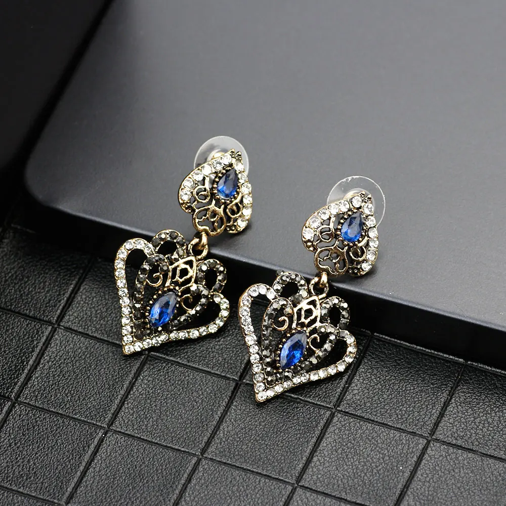 Vintage Turkish Crystal Heart Earring Indian Women Drop Earring Bohemia Bride Wedding Bijoux Ethnic Banquet Jewelry Sunspicems