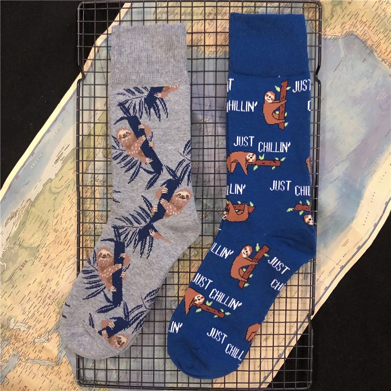 Adult Cotton Funny Big Size Socks Gray Funny Lazy Unisex World Wild Animal Monkey Sloth Bear Tree Knee High Long Cool Skate Sock