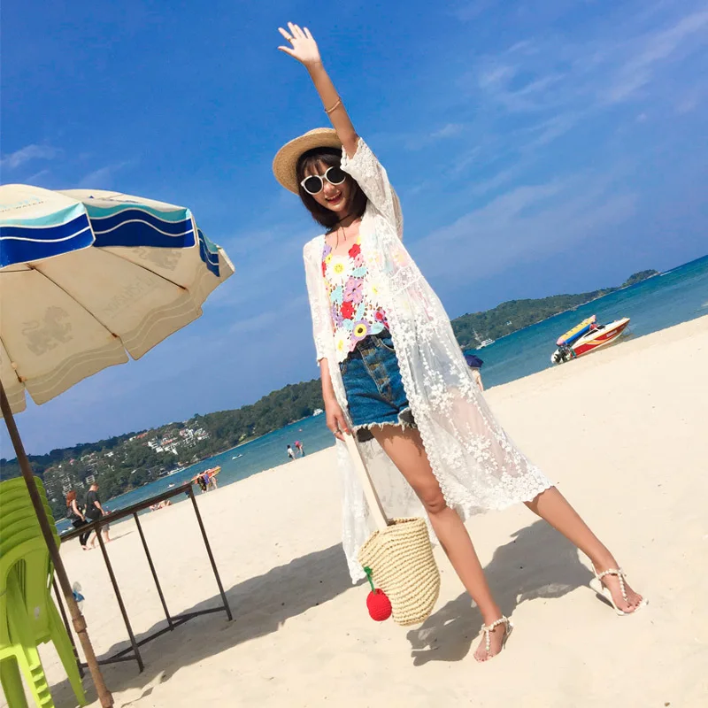 Korean Lace Cover Up Women White Beach Dress Ladies Bikini Cape Summer Boho Sexy See Through 3/4 Sleeve Mesh Cardigan