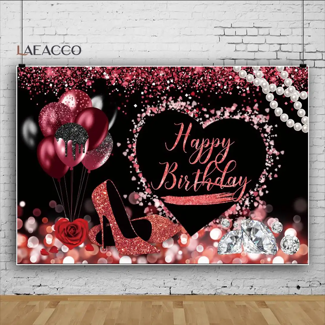 Fabulous Women Happy Birthday Party Photo Backdrop Pearl Balloon High Heel Red Rose Champagne Diamond Dot Photography Background