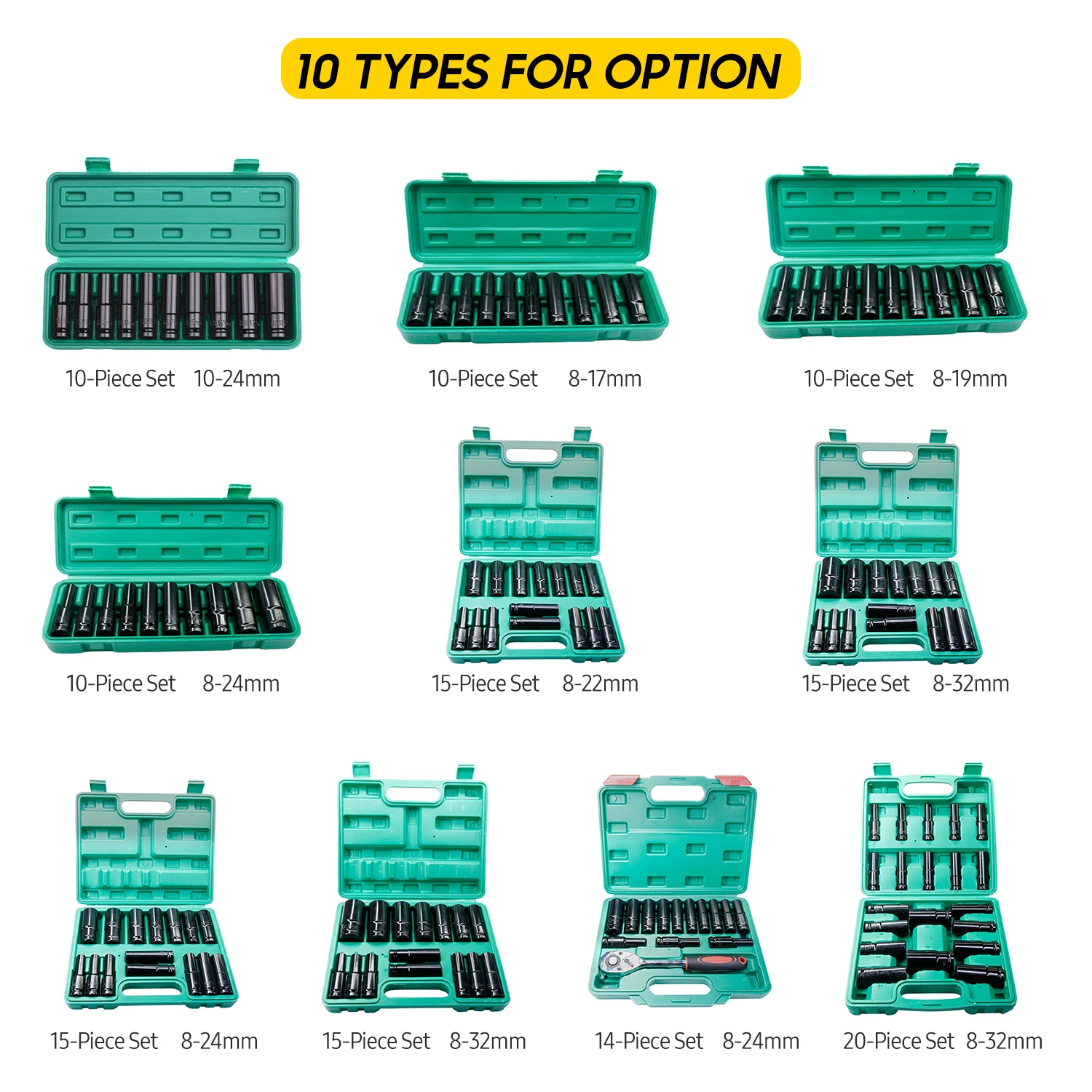 1/2 Deep Impact Socket Set 8-24mm Sockets Wrench Set Hexagon 80mm Length Impact Wrench Mechanical Workshop Tool Electric Sleever