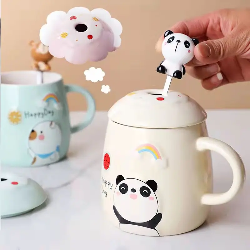 Panda Bunny Spoons Coffee Cups with Lids Water Bottle Female Student Korean Version Cute Mugs Breakfast Drinkware Porcelain