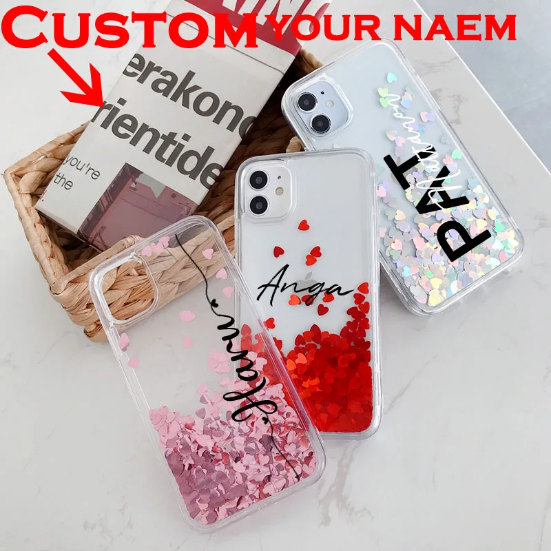 

Customized Name logo picture Glitter Love heart Sequins quicksand Case for iphone 12 Pro 11 ProMAX XS Max XR X 8 7 6 Plus Cover