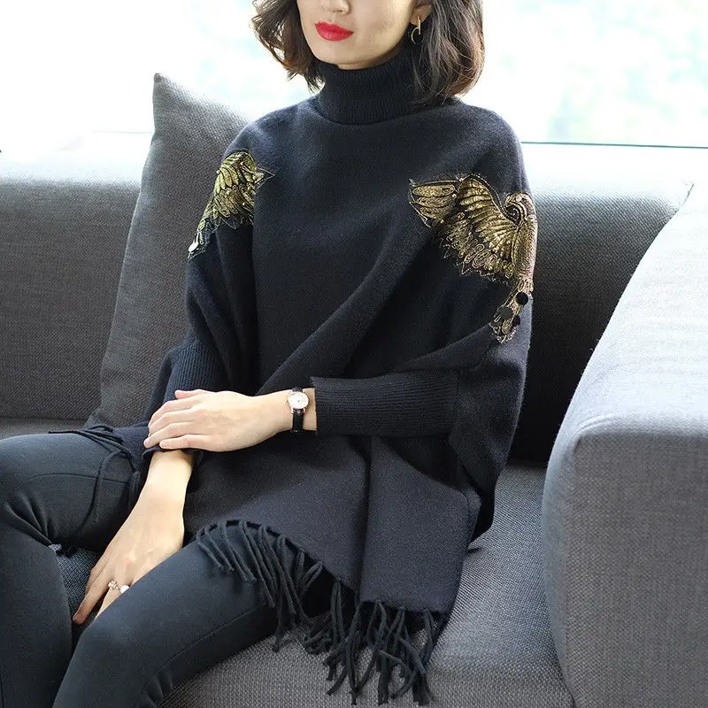 Black Lazy Wind Loose Turtleneck Sweater Poncho Female Bat Sleeve Fringed Knitted Sweater Poncho Pullover Women Spring Autumn