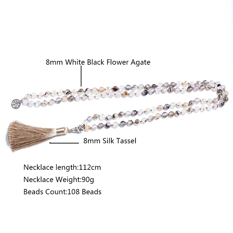 8mm Natural White Black Flower Agate Beaded Knotted Mala Necklace Meditation Yoga Spirit Jewelry 108 Japamala Woman Rosary