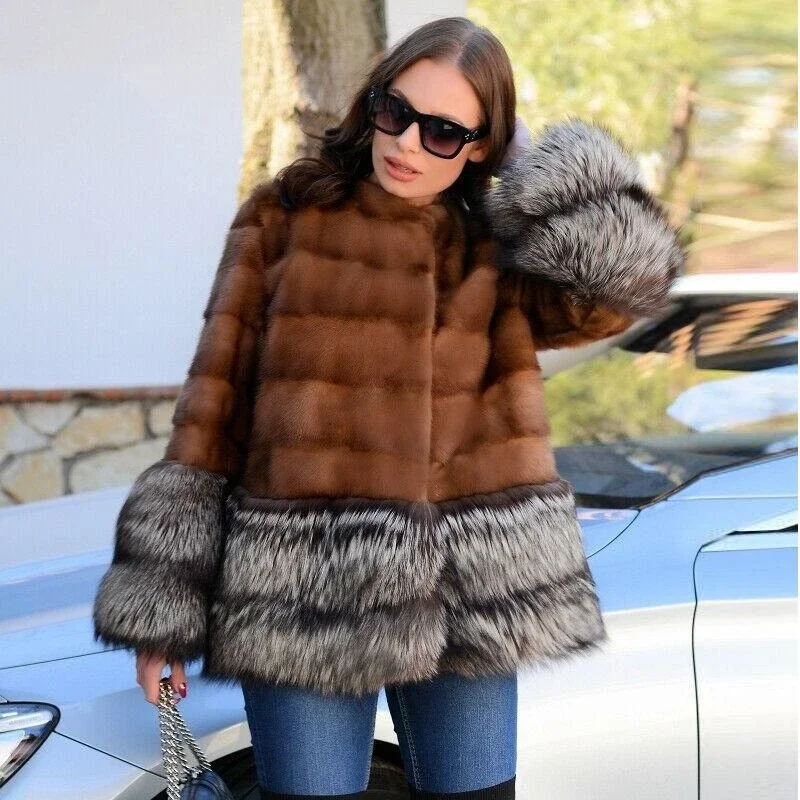 TOPFUR Genuine Fox Fur Hem Patchwork Mink Coat Women Winter Contrast Color Streetwear Thicken Warm Outertwear Female Jacket