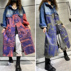 Female new autumn plus size Retro tie-dye patchwork outerwear single-breasted fashion trend loose mid-length denim trench