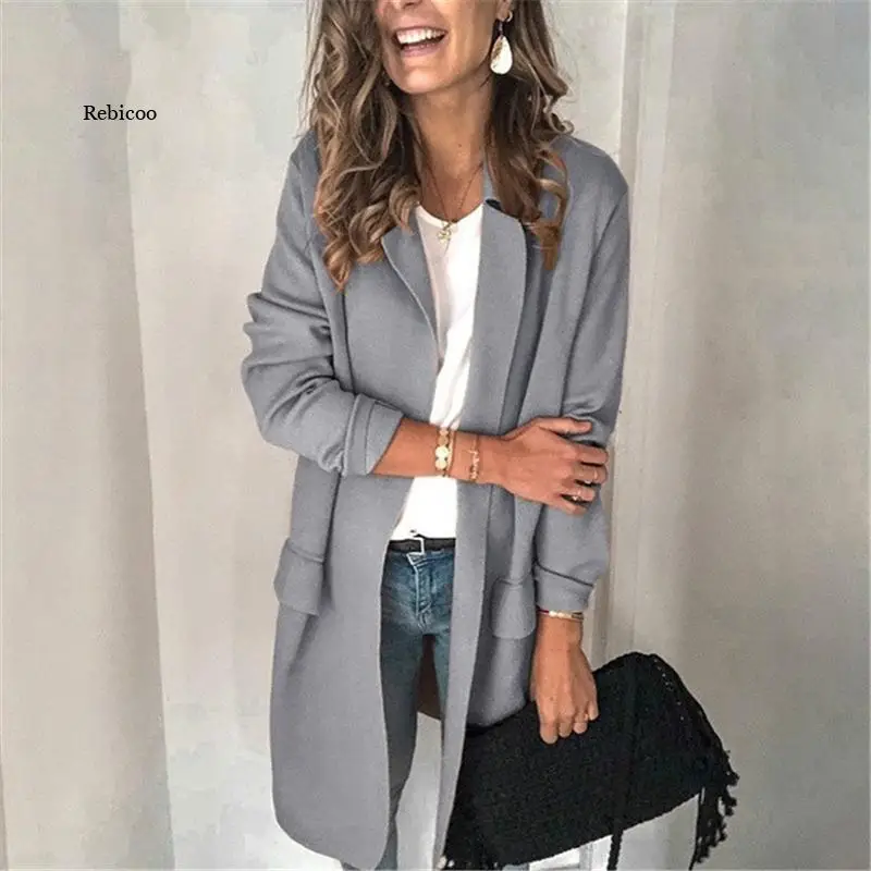 Casual Long Sleeve Elegant Office Ladies Notched Collar Solid Oversized Women Blazer Autumn Jacket 2021 Pockets Female Suit Coat