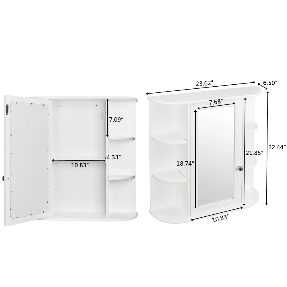 Bathroom Wall Mounted Cabinet Shelf 3-tier Single Door Mirror Magnetic lock Easy To Install Sturdy and Durable White[US-W]