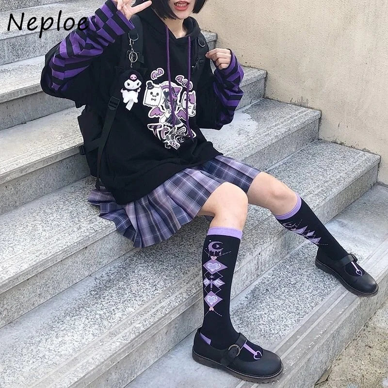 Neploe Harajuku Style Fake Two-piece Sweatshirt Woman Streetwear Hoodies Female Autumn New Kawaii Striped Gothic Hooded Top