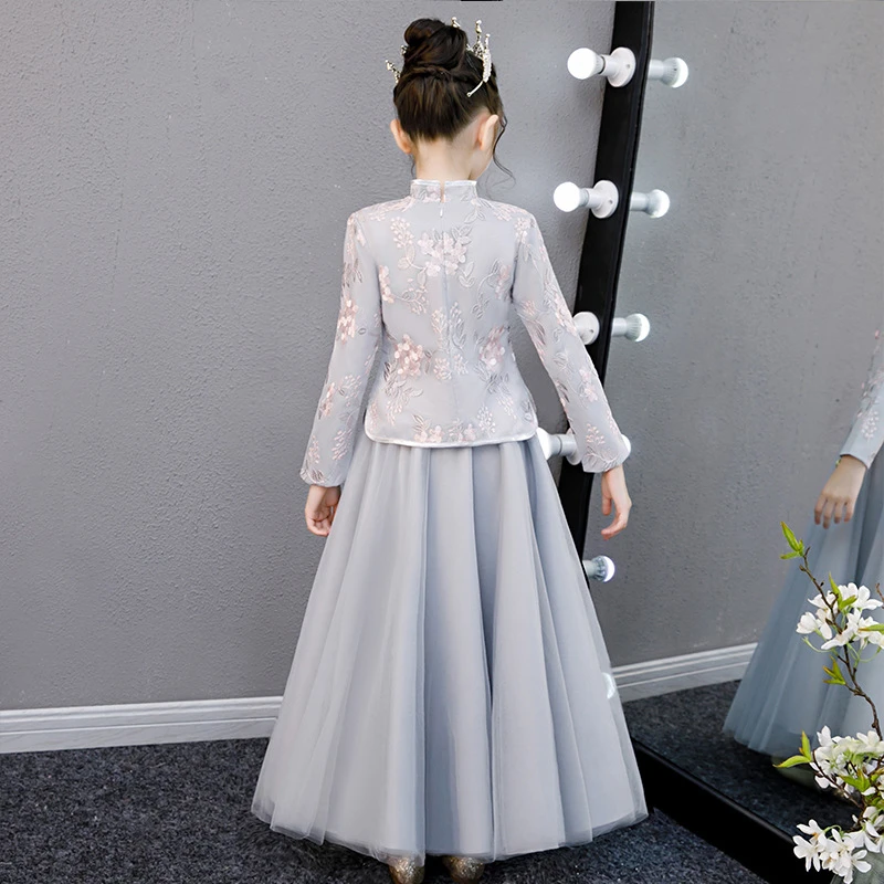 Grau Kind Prinzessin Party Durchführung Spitze Stickerei Kleider Geburtstag Mädchen Kleider qipao moderne vestidos de festa chinos