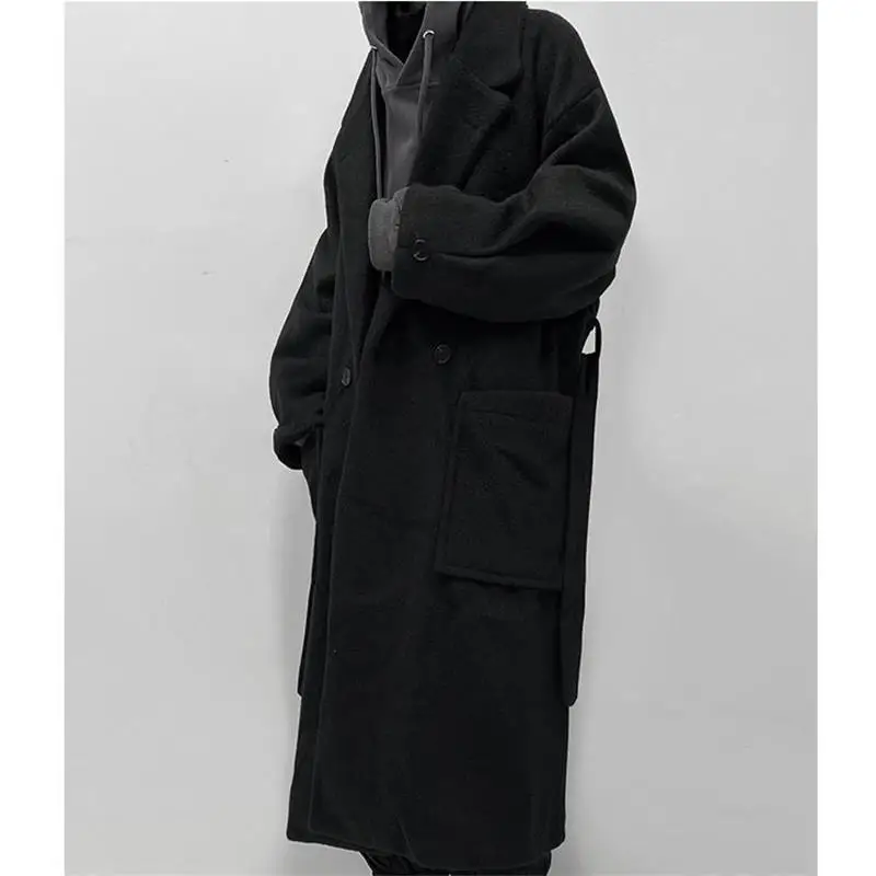 Men\'s Medium And Long Coat Black Slim Belt Lace Up Autumn And Winter New Dark Thickened Youth Large Wool Coat Fashion Trend