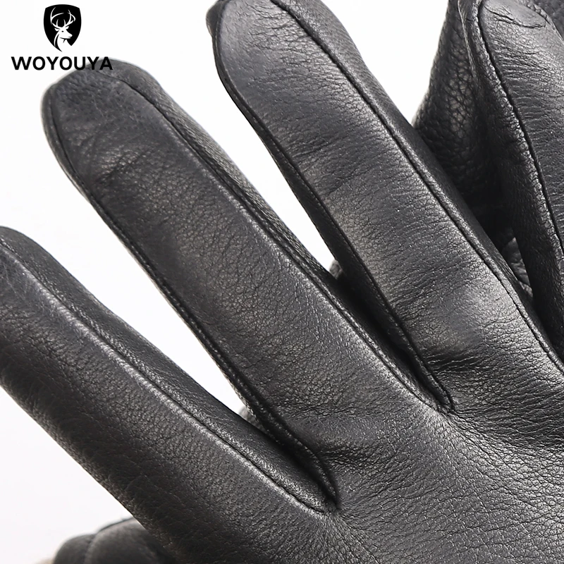 Sarung Tangan Pria Kulit Asli Hitam Musim Dingin, Sarung Tangan Musim Dingin Pria Tetap Hangat, Gloves-8011A Kulit Pria Kulit Rusa Sederhana