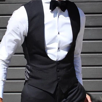 Black Men Vest for Wedding Groom One Piece Slim Fit Suit Waistcoat Solid Color Male Fashion Coat 4