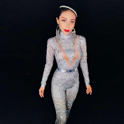 Sparkly Crystal Jumpsuit Rhinestone Ladies Long Sleeve Women Sexy Nightclub Dress Dance Dj Show Stage singer costume