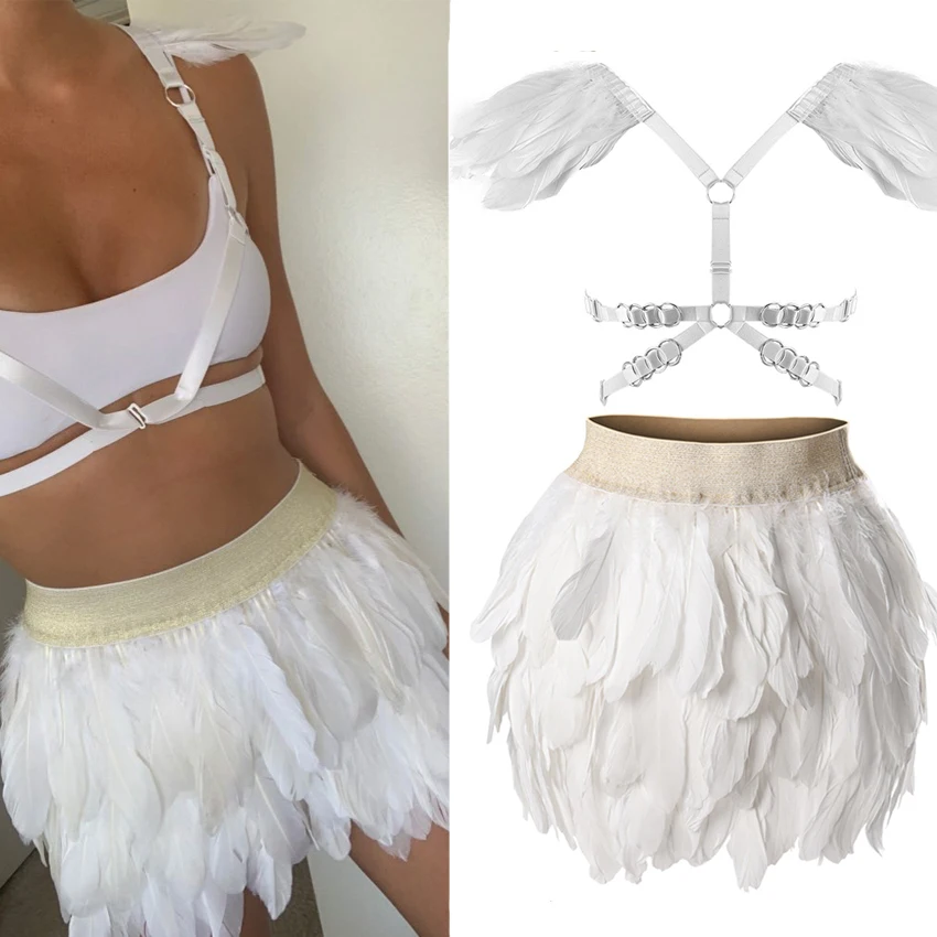 White Angel Wings Swan Feather Mini Skirt Set Elastic Waist High Street Busty Sexy Clothing Halloween Club Party Dance Goth Rave