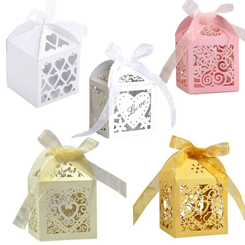 20/30/50PCS  Love Heart Laser Cut Candy Boxes With Ribbon Favors Box Baby Shower Wedding Souvenirs Gifts for Guests Party Supply