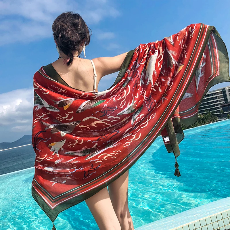 New scarf ladies summer national wind shawl scarf dual-use beach towel large sunscreen scarf red exotic boho