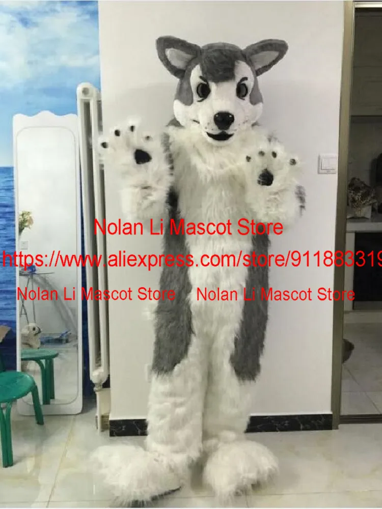 Hot Sale Gray Long Furry Husky Dog Fox Wolf Mascot Costume Fur Cartoon Character Cosplay Makeup Holiday Gift 128