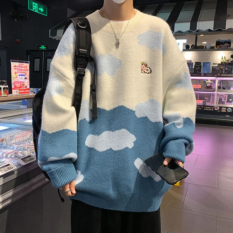 2021 Sky Blue Cute Cow Print Clouds Fashion Sweater Women Winter Clothes Oversized Couples Fashion Knitted Tops Harajuku Kawaii