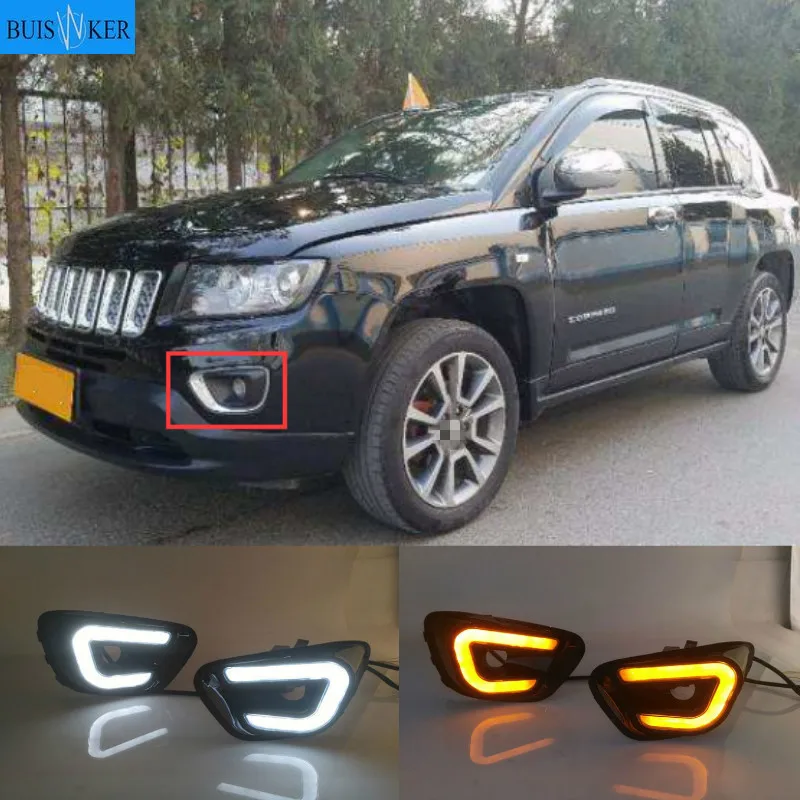 

2pcs For Jeep Compass 2011 2012 2013 2014 2015 2016 Car LED Daytime DRL Running Light White+Yellow Side Turning Light Fog Lamp