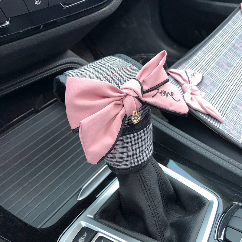 Diamond Bowknot Universal Car Gear Shifter Handbrake Cover Plaid fabric Auto Seat Belt Mirror Case Car Interior Decor Accessory