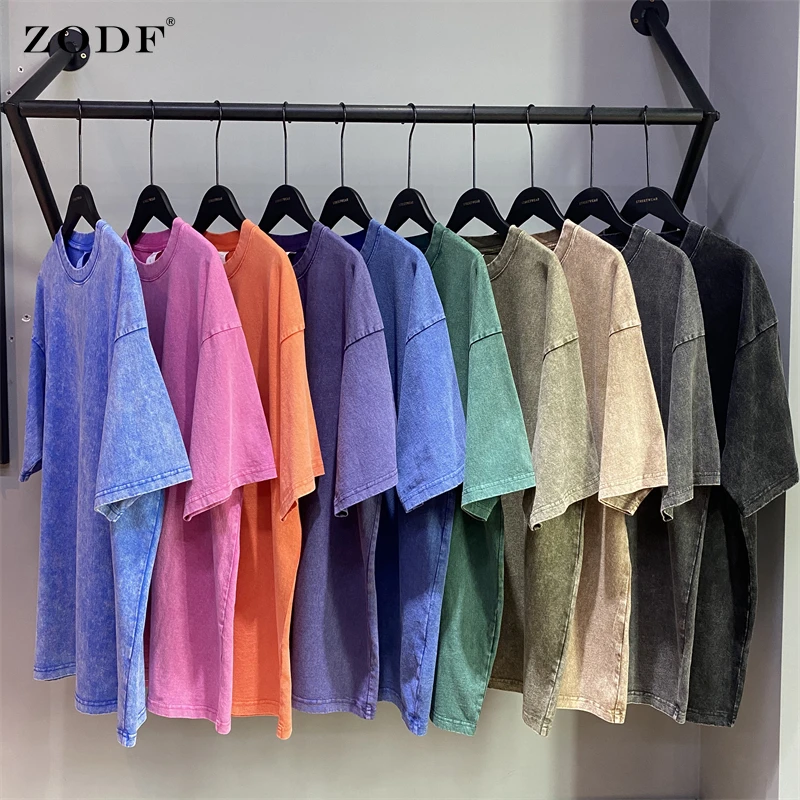 ZODF 2023 High Street Summer Washed Cotton T-Shirt Tees For Men Unisex Loose Retro Solid T Shirts Brand Tops HY0113