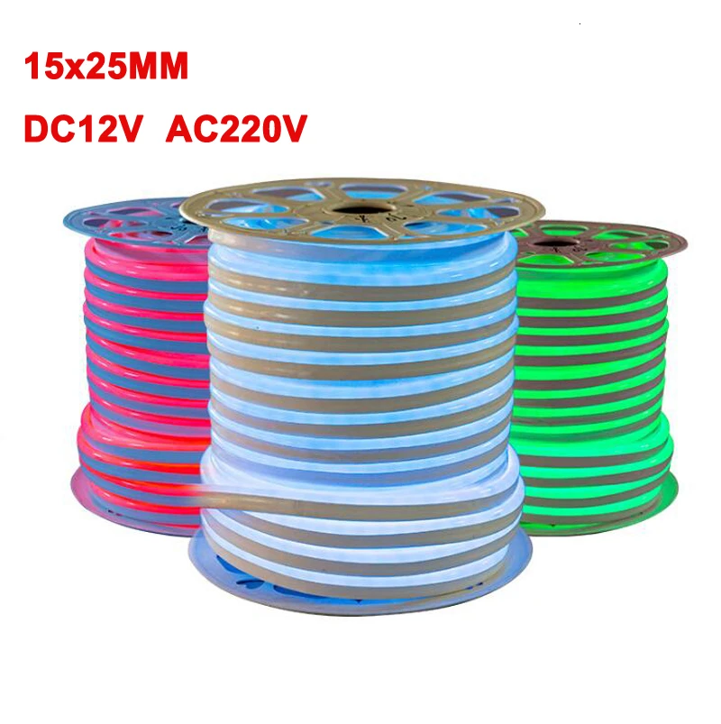 

50m/lot Led Neon Tube 15x25MM AC 220V DC12V 14W/M SMD 2835 120LEDS Flexible Neon Strip For Outdoor Decorative Lighting