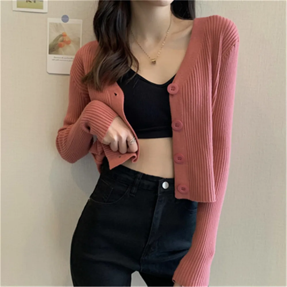 Single Breasted Solid Crop Top V-Neck Females Leisure Elegant Trendy Sweet Simple Design Outwear New Women Cardigan Sweater