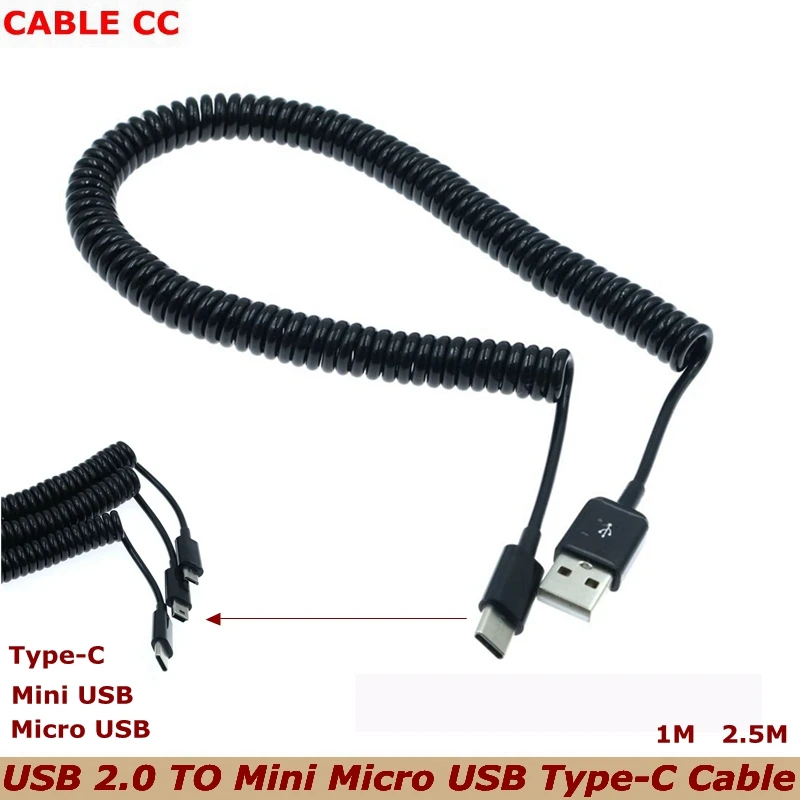 

Micro USB Mini USB Type-C Telescopic Spring Mobile Phone Data Cable For Charging Bao Huawei Xiaomi Samsung Car Charging Cable