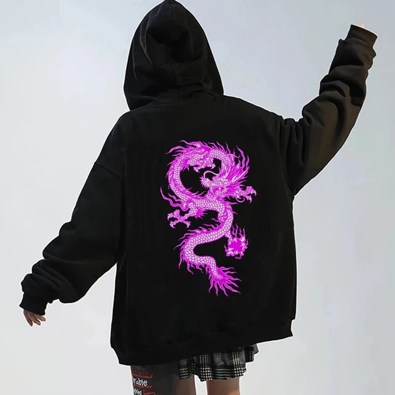 Chinese Dragon Print Gothic Streetwear Long Sleeve Zip Up Hoodies Y2k Grunge Clothes Sweatshirt Fashion Punk Sport Coat Pullover