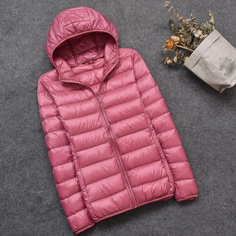 Doudoune Ultra Légère à Capuche en Duvet de Canard pour Femme, Manteau Chaud à Manches sulf, Vêtements d'Extérieur Portables Solides, Automne Hiver 90%