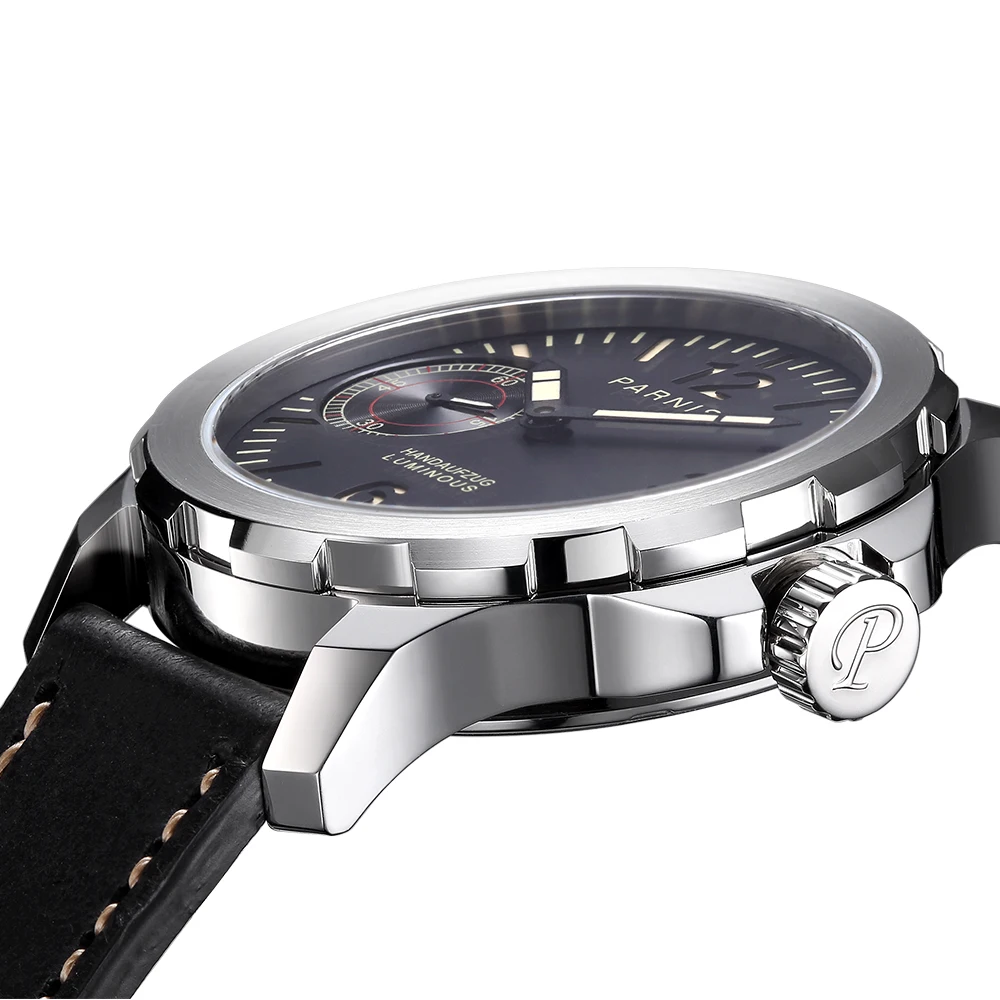 Fashion Parnis 44mm Silver Case Leather Strap Watch Men Luminous Hand-Winding Mechanical Watches With Box Gift Top Luxury Brand