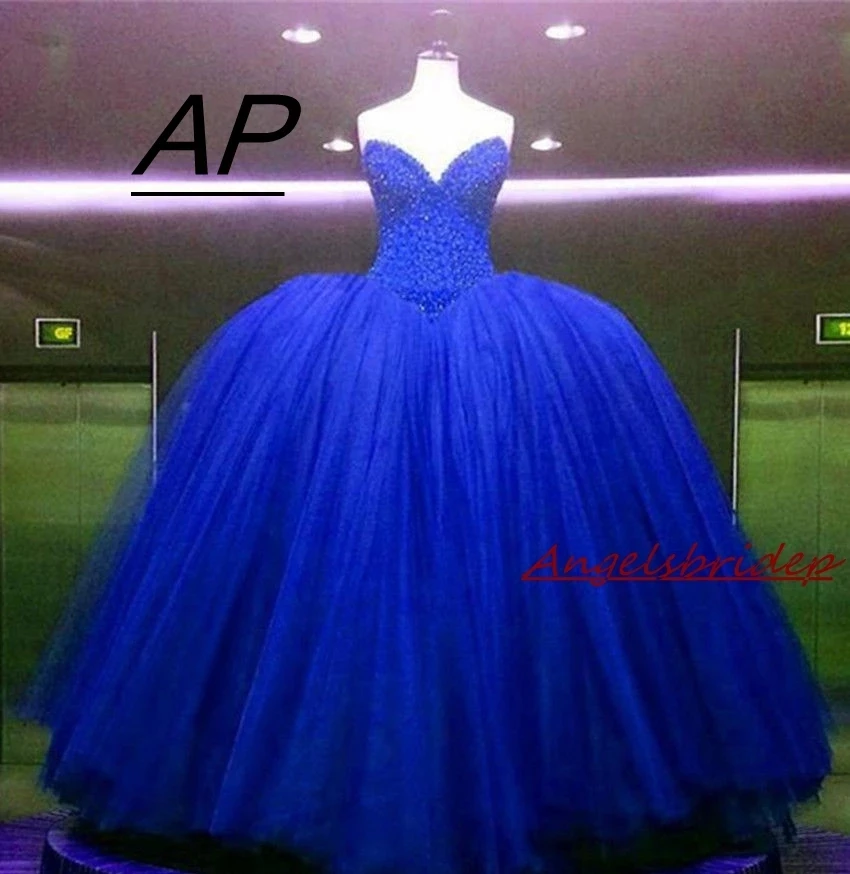 

ANGELSBRIDEP New Arrive Royal Blue Sweet 16 Ball Gown Quinceanera Dresses Sparking Beading Corset Tulle Formal Debutante Gown