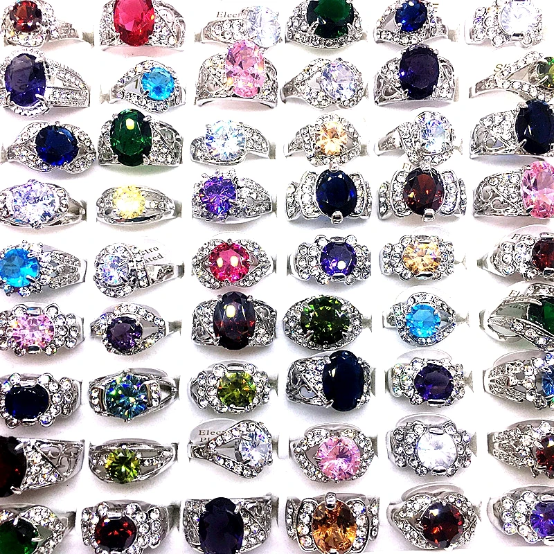 MixMax 50PCs Women\'s Rings Shining Zircon Stone Rhinestone Fashion Jewelry Wholesale Lot Party Gifts Mix Styles