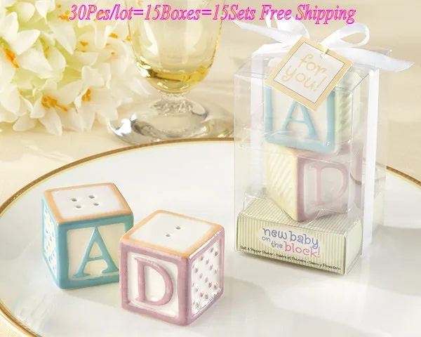 30pcs/lot(15sets) Baby souvenirs of New Baby on the Block Ceramic ABCD Blocks Salt Pepper Shakers For baby Birthday Party Gifts