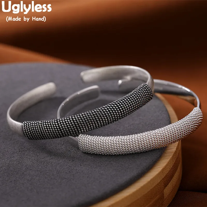 

Uglyless Novel Twists Bangles for Women Real 999 Fine Silver Glossy Silver Open Bangles Minimalist Thai Silver Fashion Jewelry