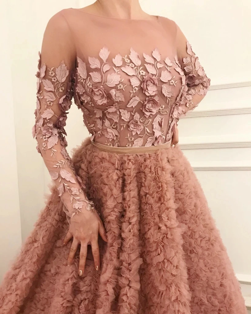 Robe de soirée en Tulle rose, ligne a, manches longues, à volants, Appliques, longue, turquie, dubaï, arabie saoudite, robe de bal