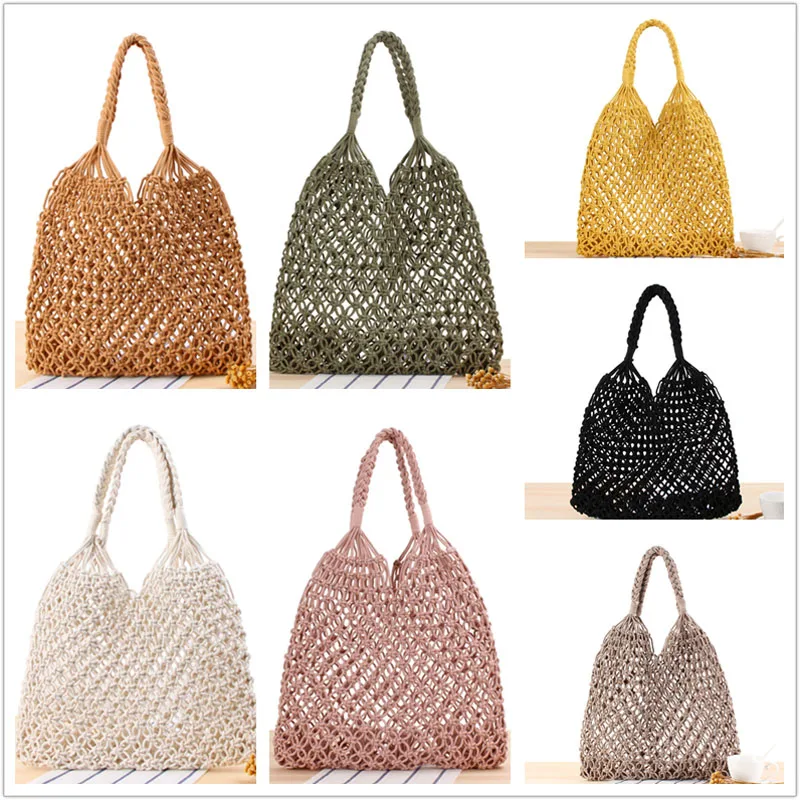 New Hollow Out Shoulder Bags Fashion Cotton Rope Fishing Net Bag Women\'s Knitting Handbag Summer Beach Totes