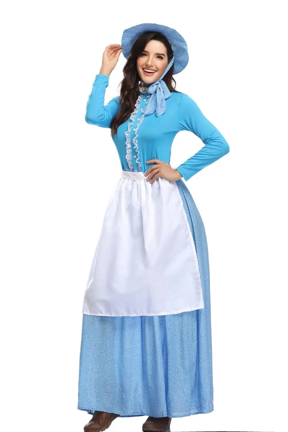 Delantal de granja idílico para Halloween para mujer, disfraz de sirvienta de California, disfraz de pionero para mujer, vestido de fantasía azul de talla grande