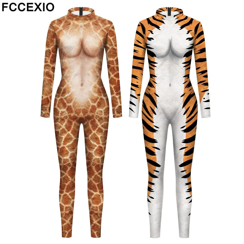 FCCEXIO The Giraffe Tiger Skin 3D Print Sexy Bodysuits Cosplay Costume Jumpsuit Adults Onesie Long Sleeve Outfits