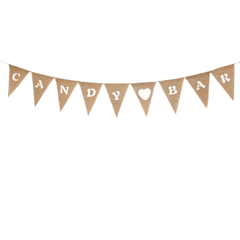 9pcs/set Candy Bar Heart Print Banner Hessian Pennant Triangle Burlap Banner Triangle Flags for Party Decoration 5BB5796