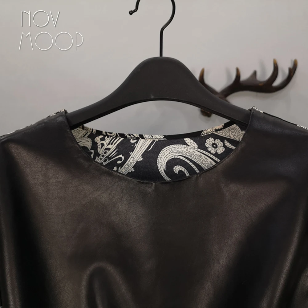 Novmoop – chemise d'été col rond pour femmes, taille brodée, en cuir de mouton véritable, épissée, à volants, décor LT3096