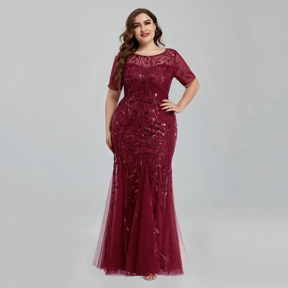 Women Plus Size Sequin Mesh Embroidery Mermaid  Evening Dress Formal Short Sleeve Elegant Party Prom Gowns 2020 New Long Dress