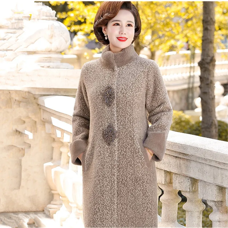 UHYTGF 5XL Big Size Coat Women\'s Quality Mink Fleece Winter Woolen Jacket Elegant Mother Loose Long Outerwear Top Female 1306