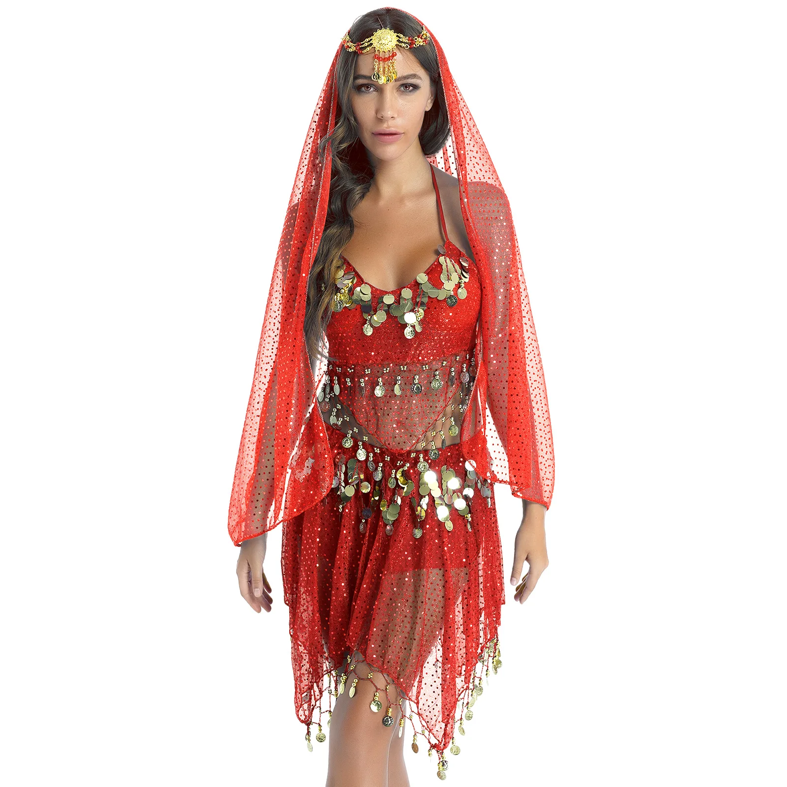 Women Sparkling Sequin Tassels Outfits Belly Dance Performance Costume Halter Padded Bra Crop Top With Skirt Veil Headwear