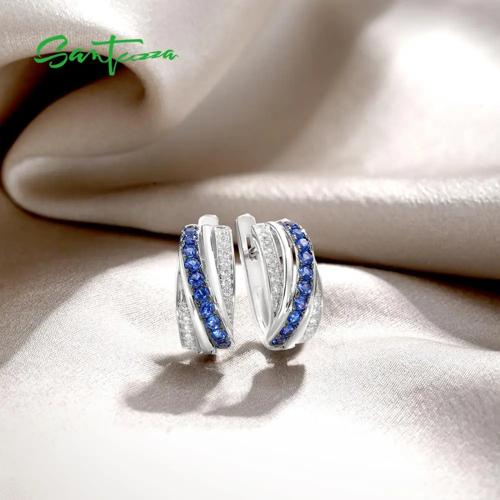 SANTUZZA Silver Earrings For Women 925 Sterling Silver Stud Earrings Blue Nano Cubic Zirconia brincos Elegant Fashion Jewelry