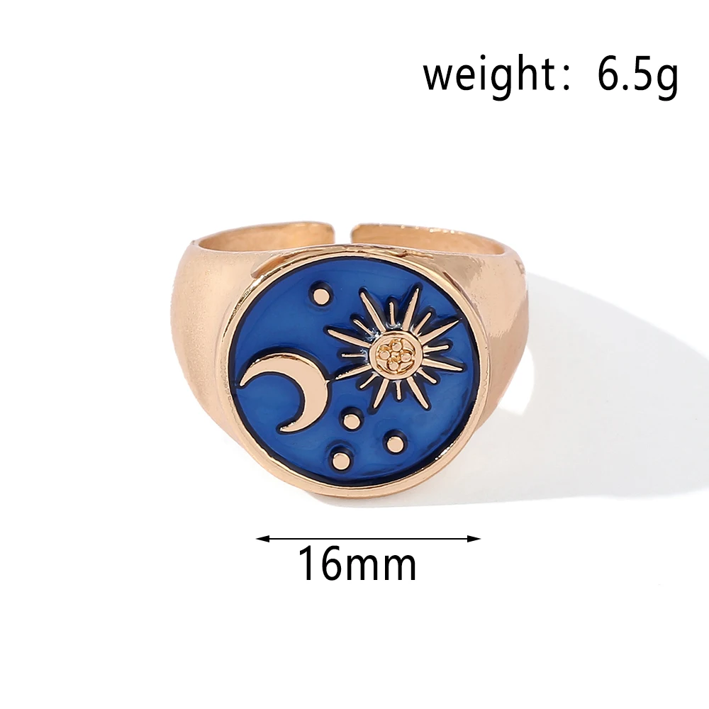 New Fashion Blue Starry Sky Star Moon Metal Ring Enamel Charm Gold Color Ring For Temperament Ladies Holiday Creative Jewelry