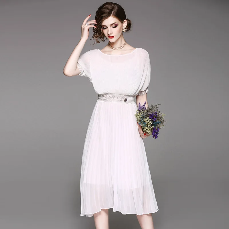 Summer Dress Women Pleated White Dress Long Party Dresses Casual Clothes Elegant Maxi Vestidos De Fiesta 2020 LWL1677